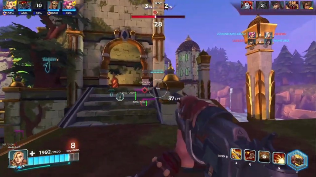 Paladins Tyra rifle with enemy health ESP numbers on capture stairs