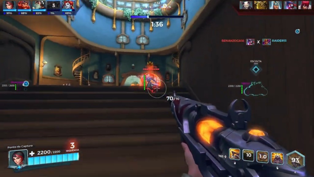 Paladins Vivian LMG with enemy red glow ESP and teammate wallhack health bars indoors